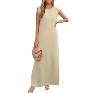 NEW TRENDSI slit round neck sleeveless maxi tank dress in khaki